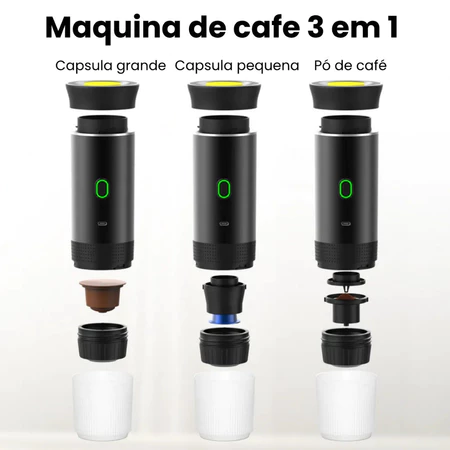Diagrama explicativo da cafeteira 3 em 1 mostrando a montagem para capsula grande, pequena e po de cafe
