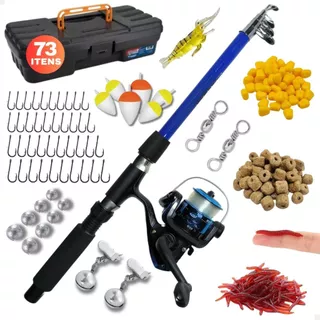 Kit Pesca Completo Vara Fibra Vidro E Molinete Ultra Light Com Linha Maleta Com 73 Acessórios