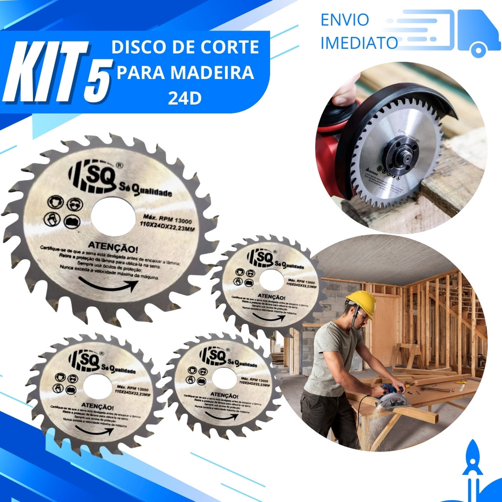 Kit 5 Disco de Corte de Madeira 24 Dentes 110x22,23MM para MDF e ...