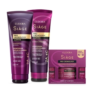 Combo Siàge Pro Cronology Curvas: Shampoo 250ml + Condicionador 250ml + Kit Cronograma Capilar Acelerado (3 itens) em Oferta na Shopee