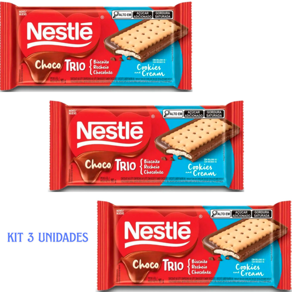 Choco Trio 90g Chocolate ao Leite com Recheio e Biscoito Crocante Kit ...