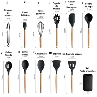 Jogo de Cozinha Kit com 5pcs ou/ 12 Peças de Silicone, Utensílios e Copo Suporte para Cozinha em Oferta na Shopee