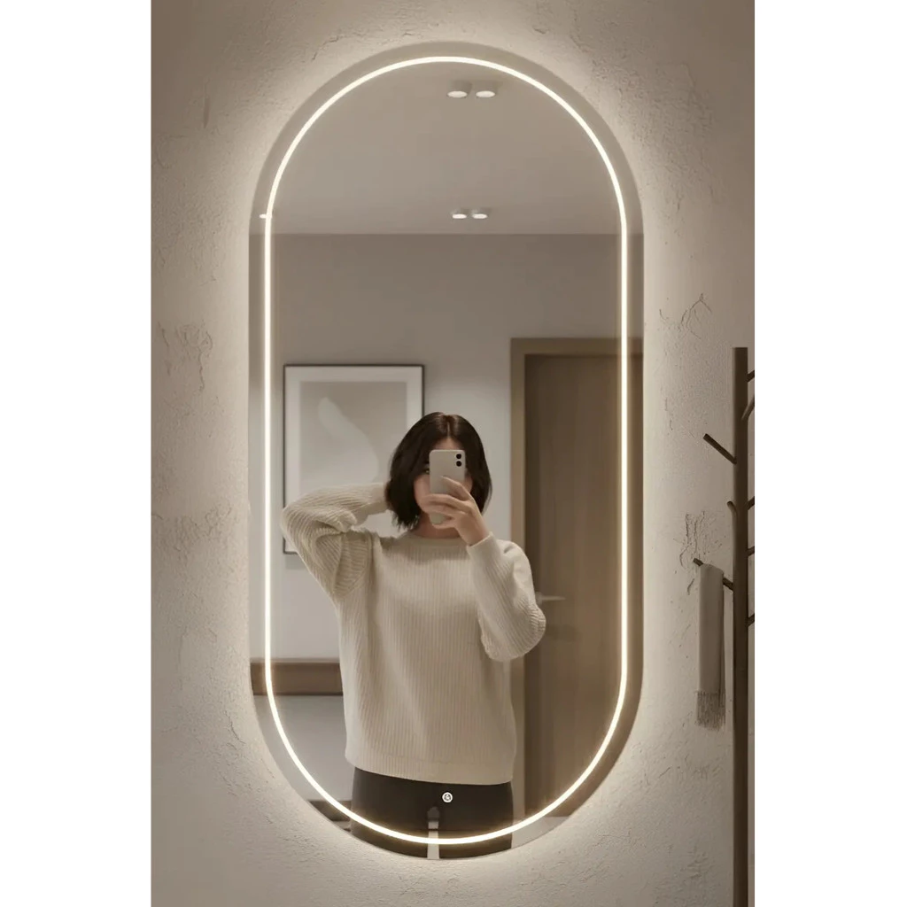 Espelho Grande para Banheiro Oval 40x80cm Jateado Com Led 3 Cores Premium E Touch Mais Forte