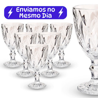Jogo 6 Taças Diamante de Vidro Transparente Bico de Jaca Abacaxi 330ml Taça Suco Vinho Luxo Gourmet