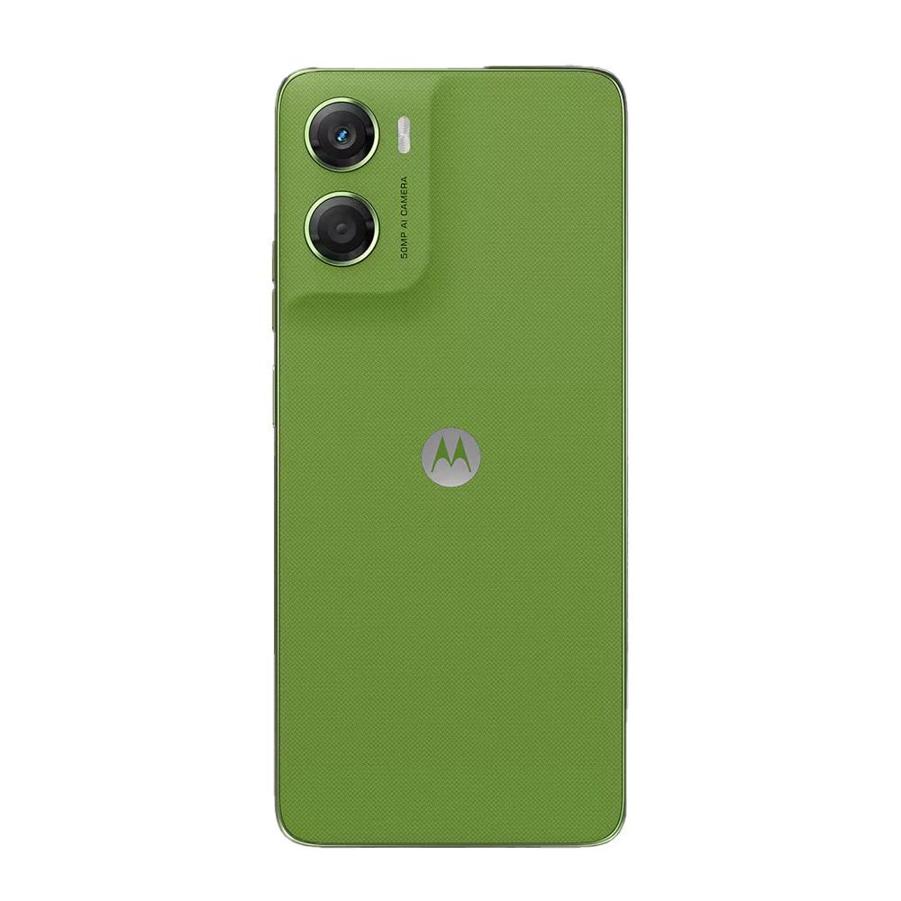 Parte traseira do Smartphone Motorola Moto G06 4G verde, mostrando o módulo de câmera dupla e o logo da Motorola.
