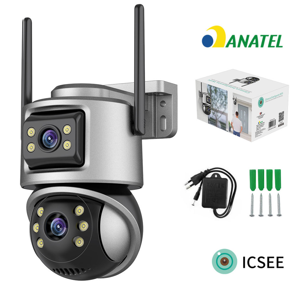 âmera de segurança Wi-Fi externa com 2 lentes, 360°, zoom óptico, visão noturna, à prova d'água