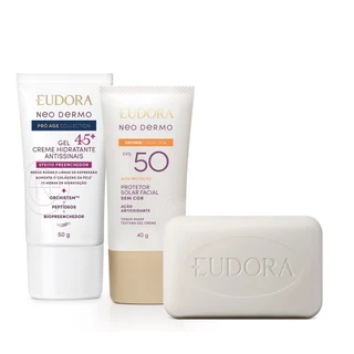 Combo Eudora Neo Dermo: Sabonete Facial 80g + Hidratante Facial 50g + Protetor Solar 40g em Oferta na Shopee