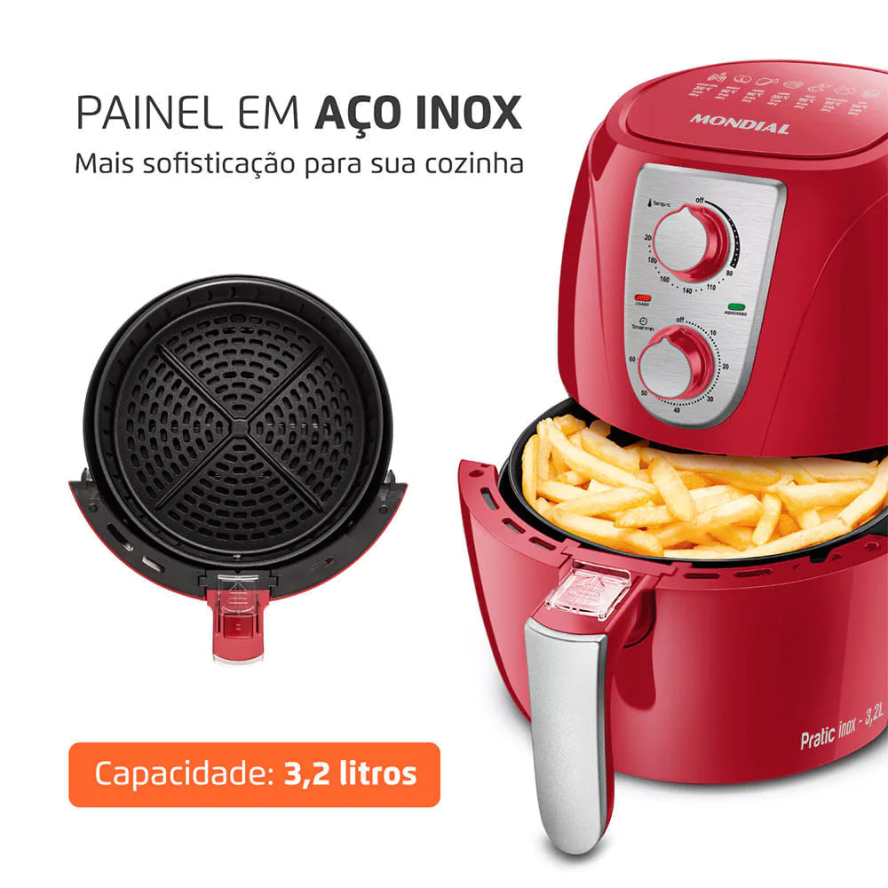 Fritadeira Sem Óleo Air Fryer 3.2L Mondial Vermelho e Inox 1500W AF-34-R 127V