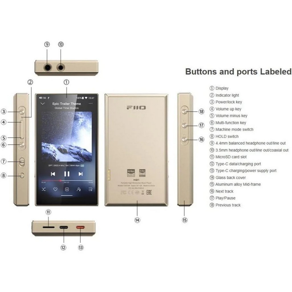 Media Player de Áudio DAP Fiio M21 Dourado Titânio - DAC