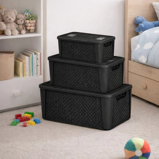 Kit Caixa Organizadora Rattan 3 Peças Com Tampa Retangular Cinza Preta Escritório em Oferta na Shopee