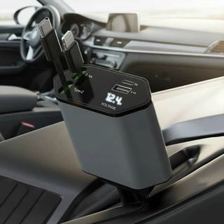 Carregador Veicular 4 em 1 Retrátil 120W c/ Display de Voltagem – USB + USB-C + Type-C + iPhone (12V/24V) 180° yihan