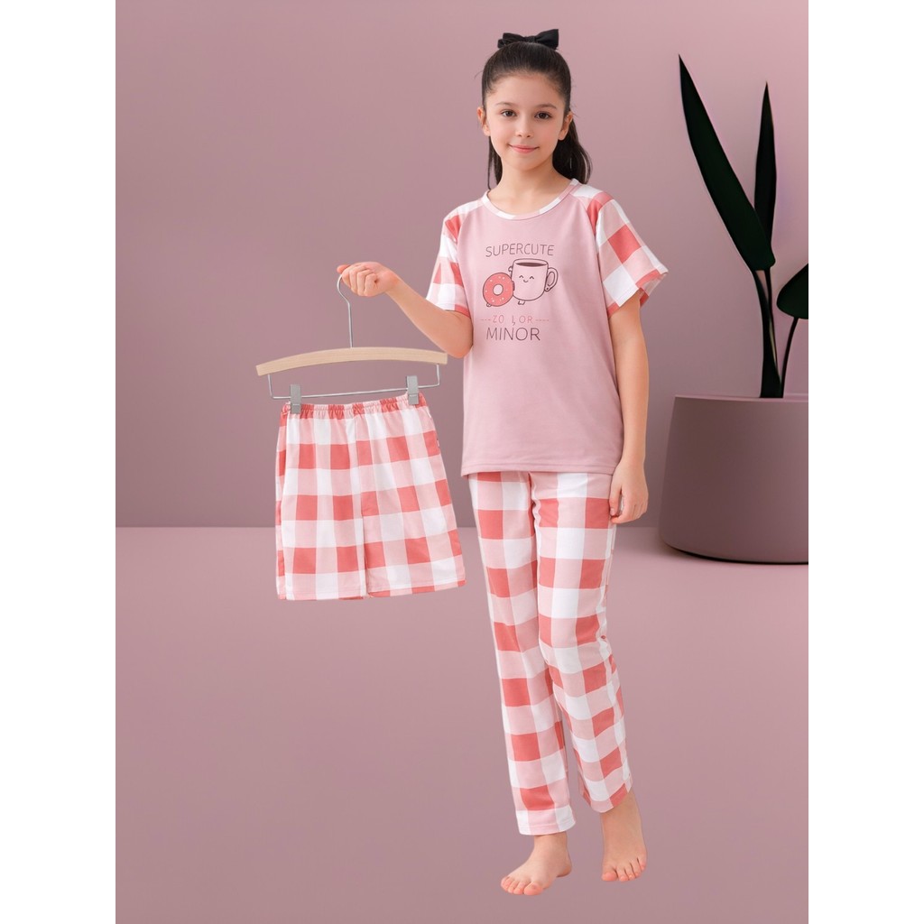 Pijama Infantil 3 peças Menina com Calça e Shorts | Conjunto Verão & Inverno | Moda Infantil Confortável e Tendência em Oferta na Shopee