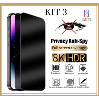 KIT 3 Película de Privacidade de Vidro 3D Anti-Espião para Iphone Todos Modelos 11 12 13 14 15 16 17 17Pro 17Pro Max