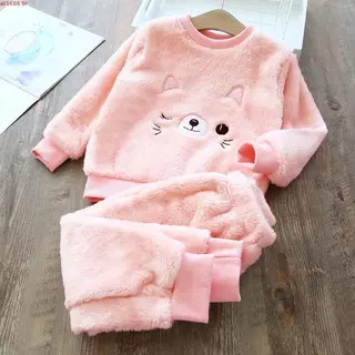 Conjunto De Pijama / Roupa De Dormir Quente E Flexível Com Desenho De Gato / Urso De Lã Para Outono / Inverno em Oferta na Shopee