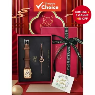 LUCKYFOX Elegante Chique Relógio De Quartzo Operado Por Bateria Conjunto De Presente Pulseira Quadrada De Couro De Liga em Oferta na Shopee