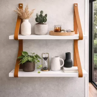 Kit 2 Prateleiras 40x15 cm de MDF Alças de Couro Fácil Instalação Multifuncional Decoração Livros em Oferta na Shopee