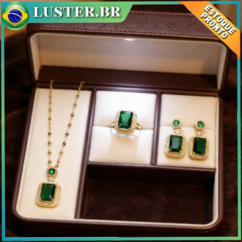 Conjunto de Joias Feminino Colar Brinco Anel Pedra Verde Estilo