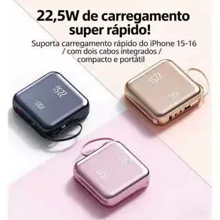 Mini power bank portátil 20.000 mAh com IOS e cabo Tipo C