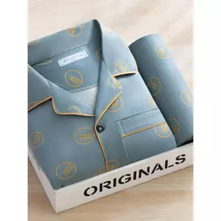 Pijamas masculinos casuais de algodão puro calças de manga comprida versão coreana de duas peças pode usar fora simples em Oferta na Shopee