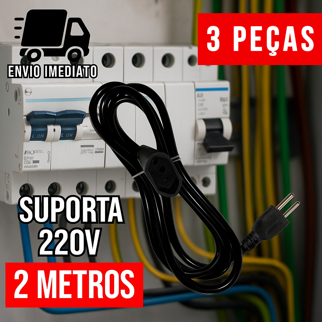 Kit 3 Extensão Elétrica e Prolongador Preto Extensor de Cabo 2 Metros ...
