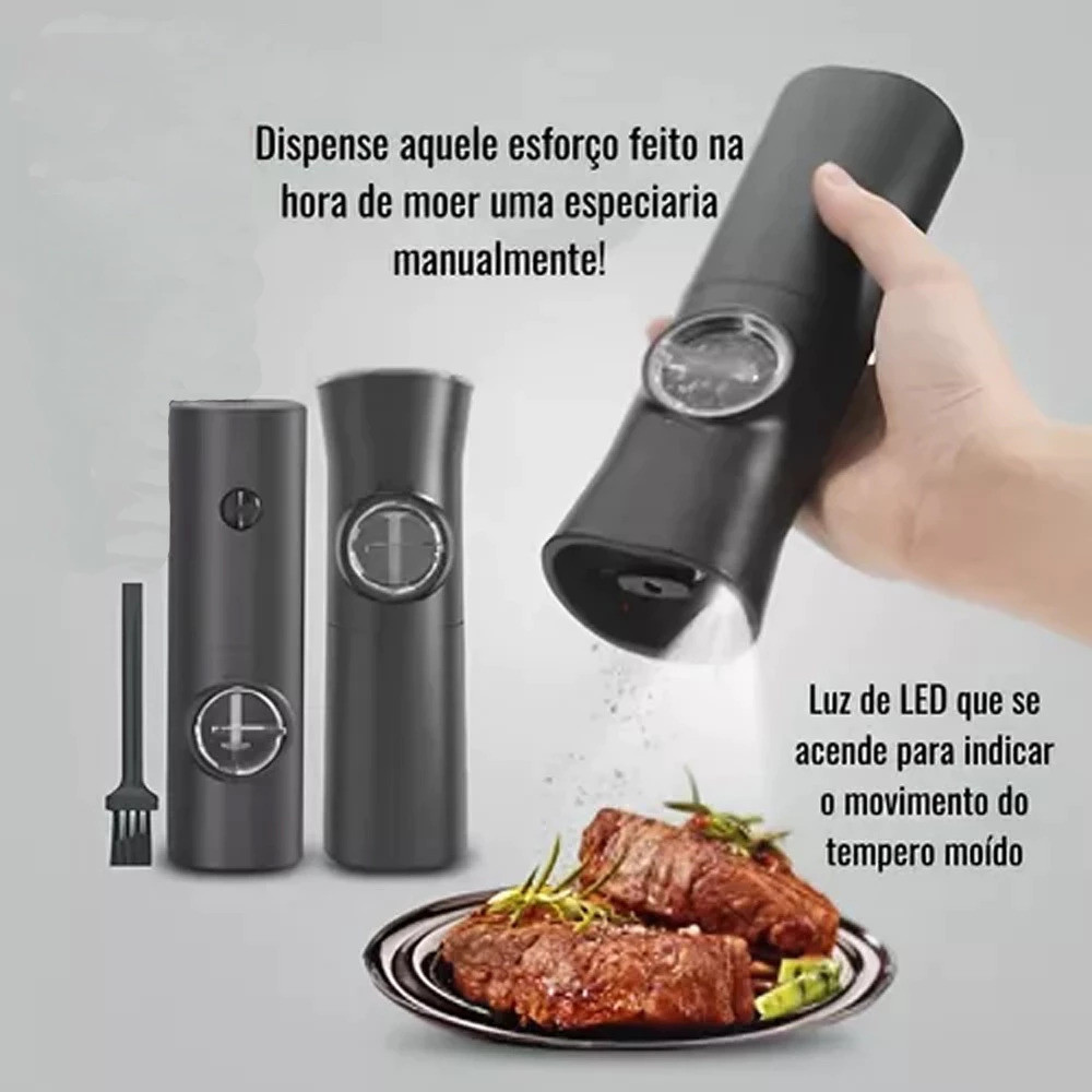 Moedor Elétrico de Temperos Ajustável com LED - Sal, Pimenta