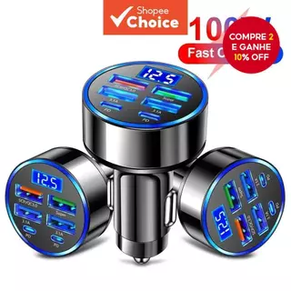 6 Portas Carregador USB C Tipo C para Carro Carregamento Super Rápido para Celular com Detecção de Voltagem e Display em Oferta na Shopee