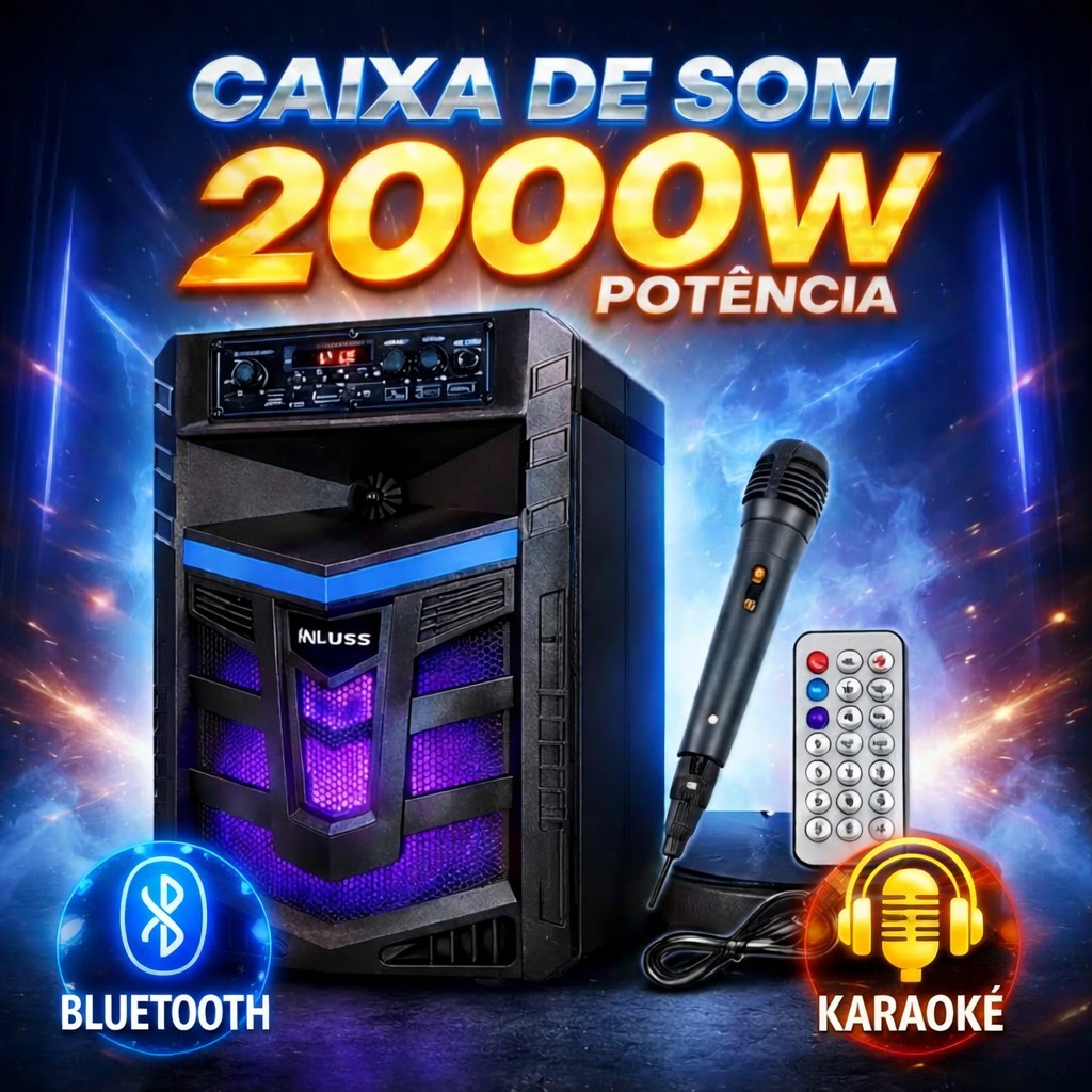Caixa de Som 2000W com Microfone e Controle Remoto - Funções Karaokê e Bluetooth