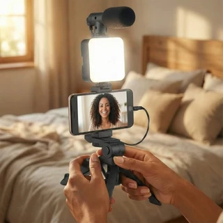 Conjunto Gravação Celular Tripé Mesa + Microfone + Luz LED 6000K + Controle  marisa em Oferta na Shopee