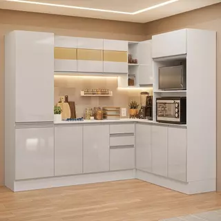 Armário de Cozinha Completa de Canto 100% MDF 377cm Smart Branco Brilhante Madesa 01 em Oferta na Shopee