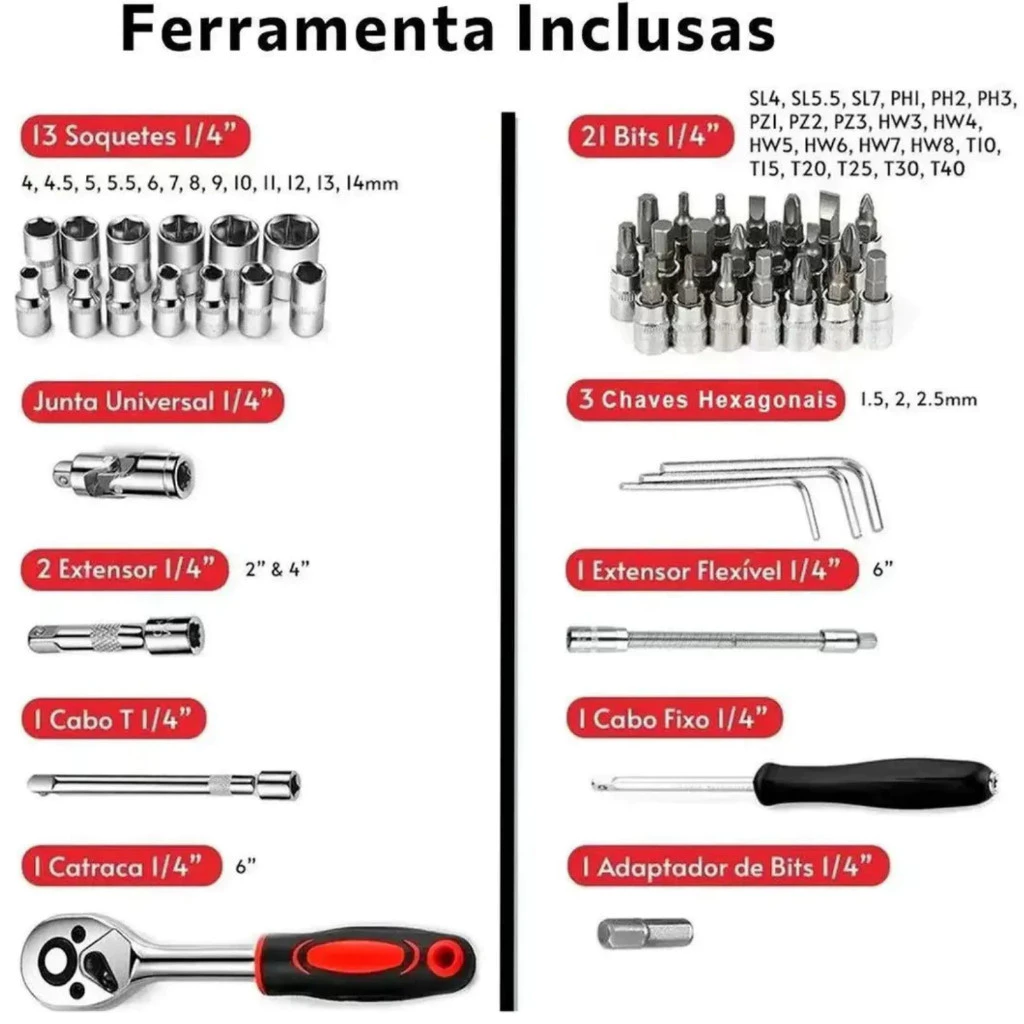 Kit Chave Ferramentas 46 Peças Catraca Soquetes Fenda Philips 1 4 Aço CRV Profissional