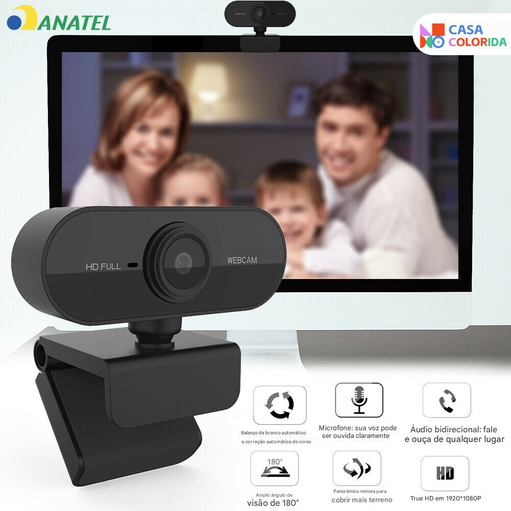 Webcam HD 1080p Microfone 360° Giratória Ajuste Livre para PC Notebook Home Office