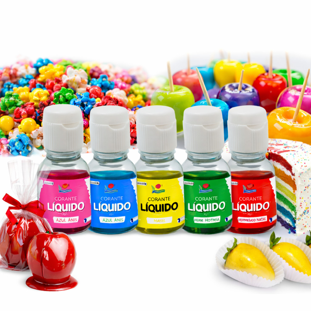 Kit 5 Corantes Líquido Alimentício 10ml Pipoca Doces Bolos