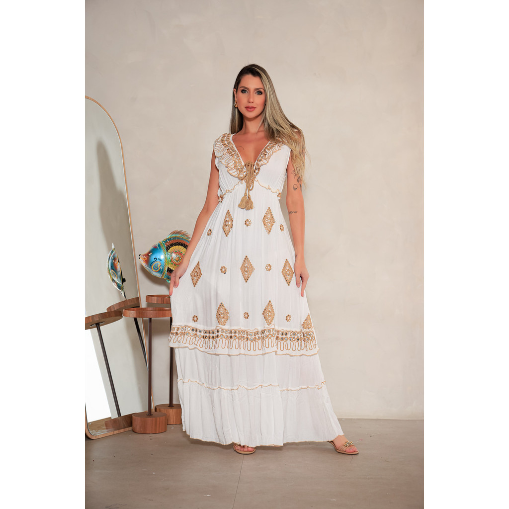 Vestido Longo Feminino Boho Branco Bordado Decote V 00913 | Shopee Brasil