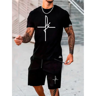 Kit Camiseta + Short Tactel Estampado Fé Conjunto Casual Basico Alta Qualidade Premium Envio Imediato