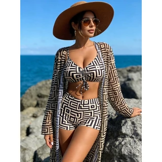 Biquíni 3 Peças Conjunto Praia Feminino Kimono Saída de Praia Estampado Tropical Franzido Cadarço Verão 2026 Piscina QUA em Oferta na Shopee