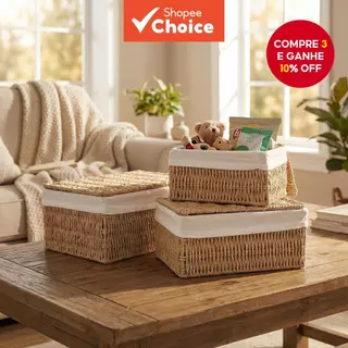 Conjunto de 3 Caixas de Armazenamento Tecidas Nórdicas com Tampas e Forro de Tecido, Cestos Organizadores de Mesa em Oferta na Shopee