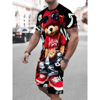 Verão 2025 Best-Seller 3D Legal Urso Impressão Rua Casual Moda Macio Confortável Respirável E Leve Conjunto Masculino