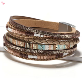 Pulseiras De Couro Para Mulheres, Joias De Pulseira De Punho De Contas De Cristal Multicamadas De Leopardo Boho
