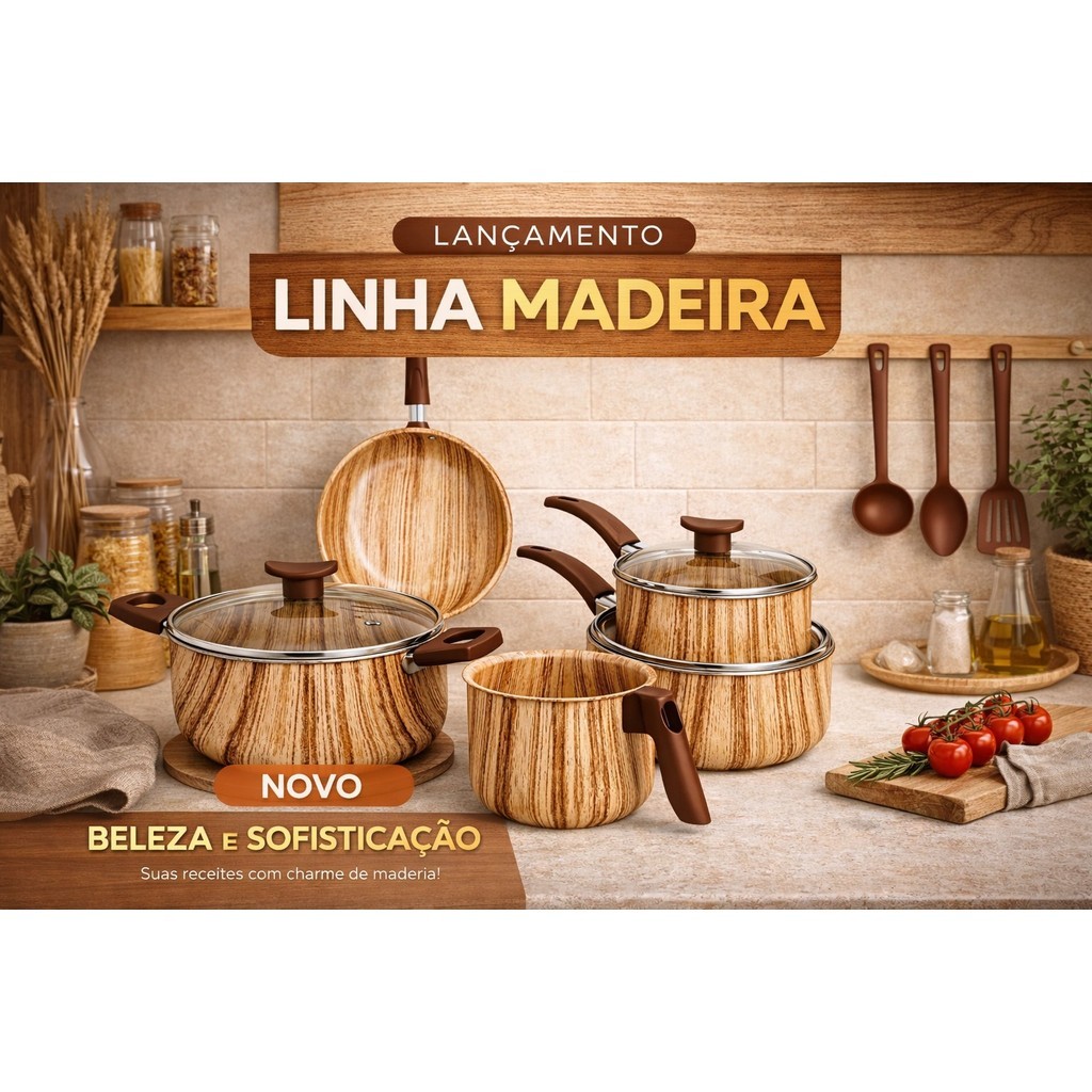 Jogo de Panelas ⚠️LANÇAMENTO⚠️ 8 Peças MARF Cor Madeira Antiaderente Teflon Premium 5 Camadas + Talheres