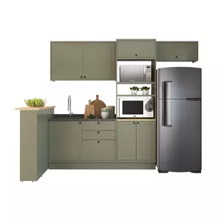 Cozinha Modulada Pequena Herval Viana, 5 Peças, Verde Hill E Carvalho Nature, Sem Tampo em Oferta na Shopee