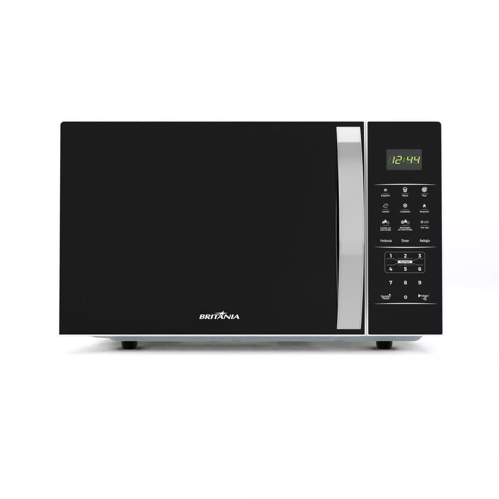 Micro-ondas Britânia 28L BMO30 de frente, porta espelhada preta, painel digital e botões prateados em destaque.