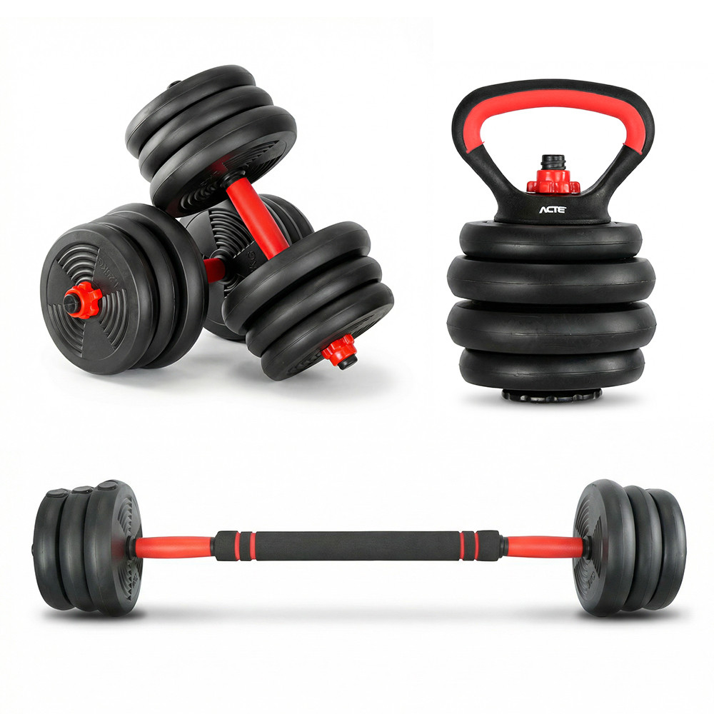 Kit Halteres Ajustável 6 em 1 ACTE S200 - 20kg Barra Longa Kettlebell ...
