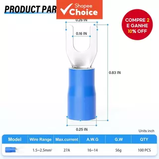 300 peças azul 16-14 AWG conector de fio isolado terminal elétrico de crimpagem tipo garfo em U em Oferta na Shopee
