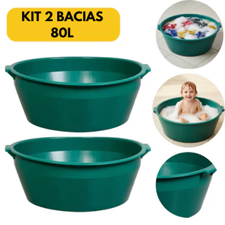 Kit 2/1 Bacia Plástica 80L Grande com Alça – Banheira, Multiuso, Lavar Roupa,Gigante e Armazenamento