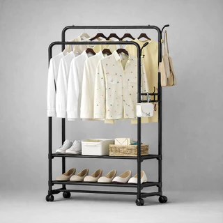 Arara de Roupas Multiuso com Rodas | Cabideiro Grande com Prateleiras e Ganchos para Organização do Quarto em Oferta na Shopee