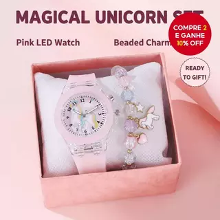 Relógio Infantil Luminoso Unicórnio Pulseira De Quartzo Conjunto Rosa Azul Branco Presente De Volta Às Aulas Sem Caixa