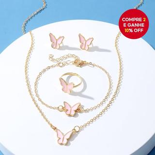 Conjunto feminino de acessórios: colar, anel, brincos e pulseira com design de borboleta