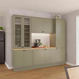 Cozinha Modulada Pequena Herval Viana, 7 Peças, Verde Hill e Carvalho Nature, com Vidro em Oferta na Shopee