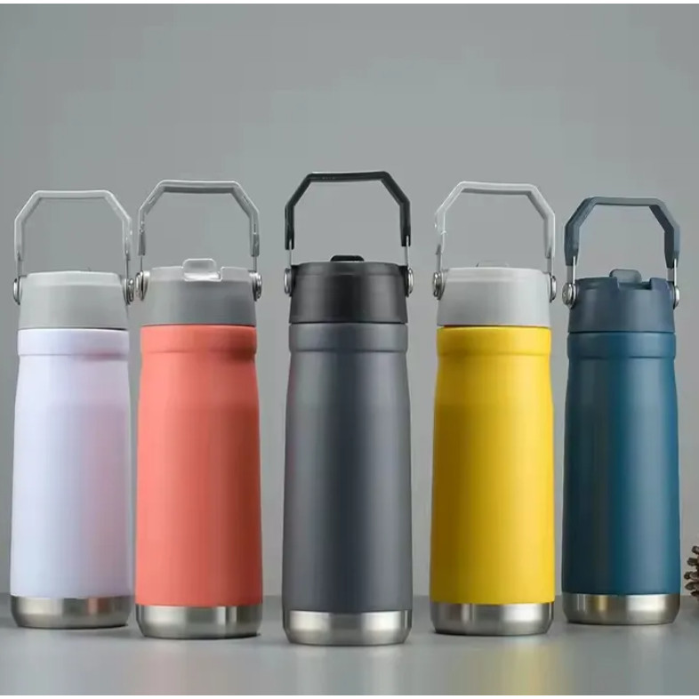 Garrafa Térmica Squeeze 650ml/550ML C/ Canudo + Alça - Água Gelada, Antivazamento, BPA Free - Academia/Trabalho/Viagem