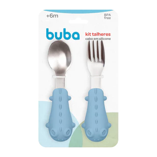 Kit Talheres Colher e Garfo Cabo em Silicone Buba Dino Azul em Oferta na Shopee
